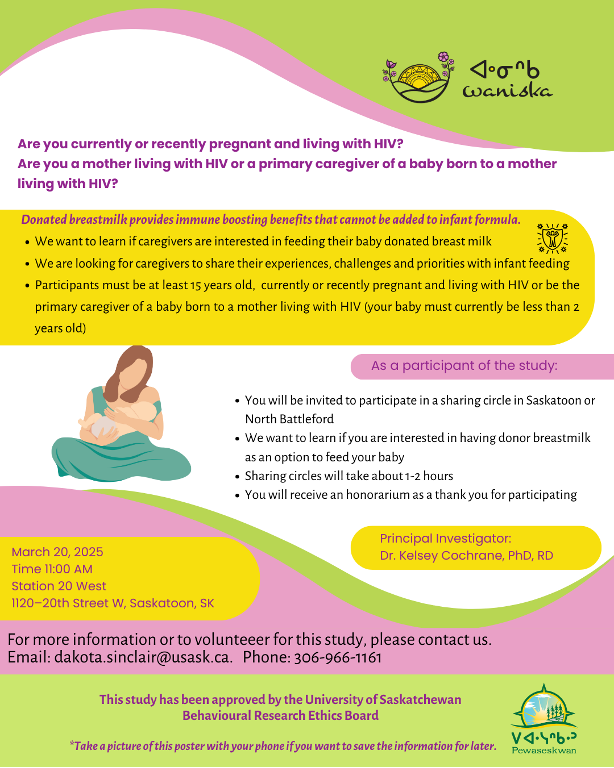 Recruitment poster for research study on donated breastmilk for mothers living with HIV, hosted by Pewaseskwan
